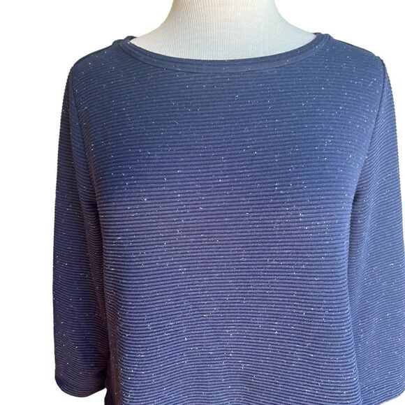 Loft Medium Blue Tunic Ruffled Tiered Ribbed Long Sleeved Top Blouse Sweater - Picture 3 of 11